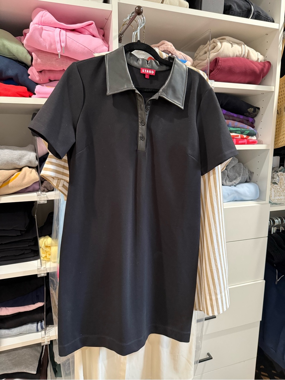 STAUD Black Polo Dress with Faux Leather Collar
